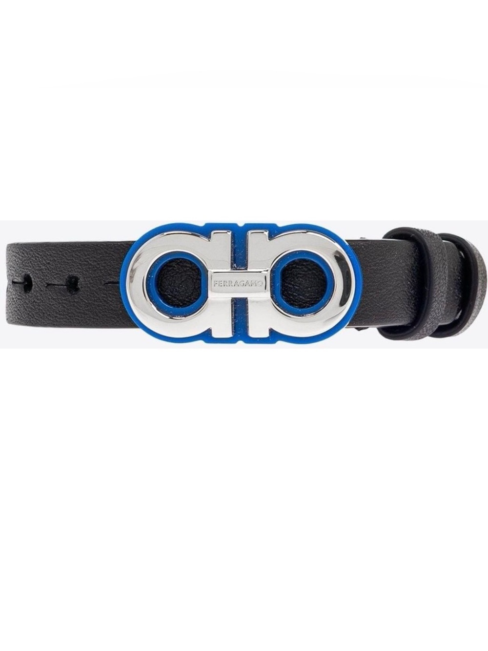Salvatore Ferragamo Black Leather Bracelet with Blue Double Gancini Buckle NEW